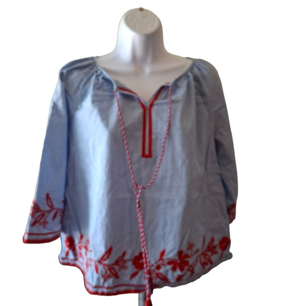 Crown & Ivy Womens Peasant Top SBlue Stripe  Red Embroidery 3/4 Sleeves Boho